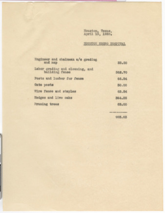 Houston Negro Hospital ground plan costs