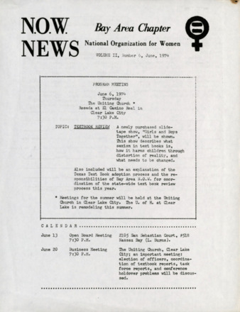 NOW News Bay Area Chapter, Vol. 2, No. 6, June 1974