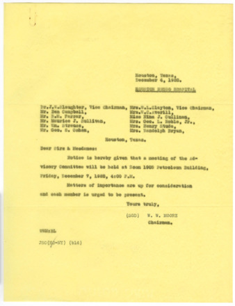 Letter to the Houston Negro Hospital Advisory Committee