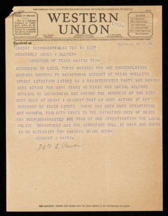 Telegram from Herbert J. Hayes to Governor James V. Allred, 1938 February 18