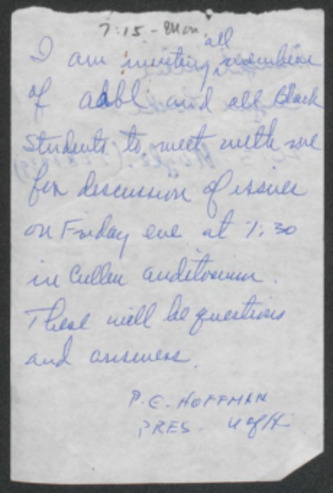 Mixed materials with a copy of the Afro-Americans for Black Liberation (AABL) statement and reply from Philip G. Hoffman