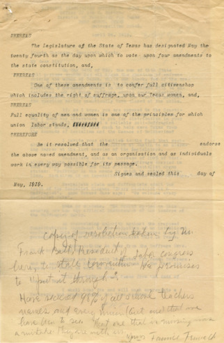 Letter from Mrs. James B. Wells to the County Chairman of Democratic Party and a copy of Mr. Frank Balt's resolution