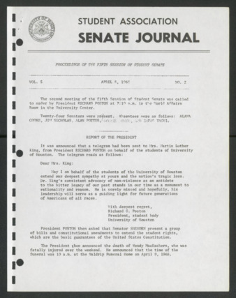 Senate Journal, Fifth Senate, University of Houston Student Government Association, Minutes, Vol. 5, No. 2, April 8, 1968