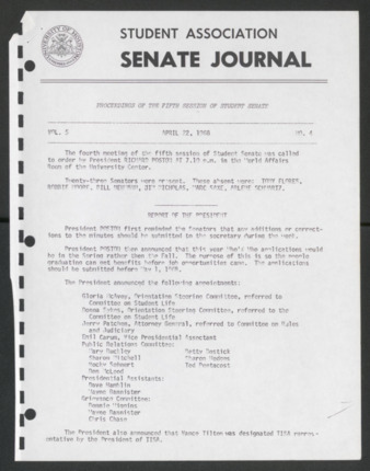 Senate Journal, Fifth Senate, University of Houston Student Government Association, Minutes, Vol. 5, No. 4, April 22, 1968