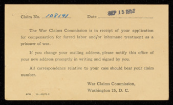 War Claims Commission Receipt, September 15, 1952