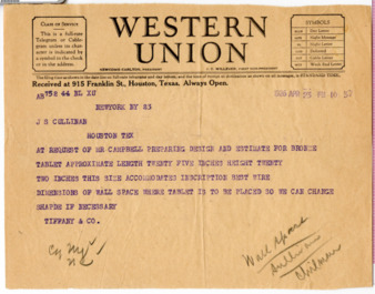 Telegram from Tiffany & Co. to J. S. Cullinan, 1926 April 23