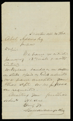 Letter from Abel Adams regarding business orders from Ball Hutchings