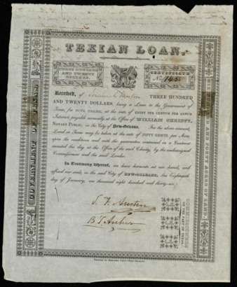 Texian Loan made out to Jeremiah Morton and signed by Stephen F. Austin