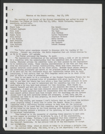 First Senate, University of Houston Student Government Association, Minutes, Sixth Meeting, May 15, 1964