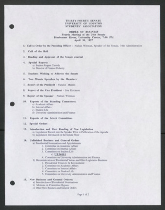 Thirty-fourth Senate, University of Houston, Students' Association, Order of Business, Fourth Meeting, April 30, 1997