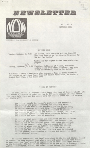 University of Houston NOW Newsletter, Vol. 1, No. 4, September 1981