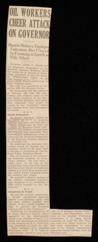 Newspaper clipping titled Oil Workers Cheer Attack On Governor