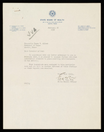 Letter from George W. Cox to Governor James V. Allred, 1938 February 26