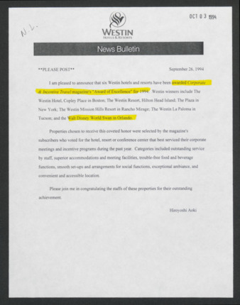 News bulletin, September 26, 1994