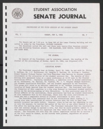 Senate Journal, Third Senate, University of Houston Student Government Association, Minutes, Vol. 3, No. 7, May 2, 1966