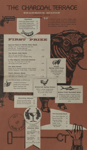 Charcoal Terrace dinner menu, July 1, 1956