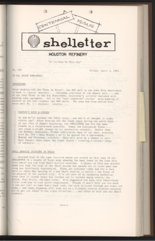 Shelletter, No. 100, April 5, 1963, Centennial Issue