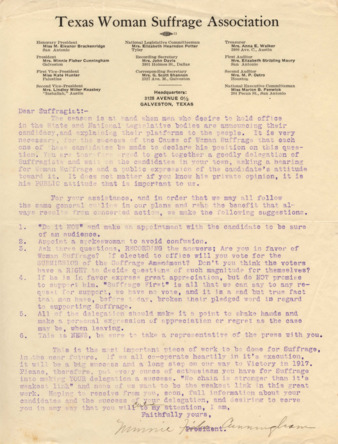 Circular letter to suffragists, suggesting how to find a candidate's public attitude towards Woman's Suffrage, Signed by Minnie Fisher Cunningham