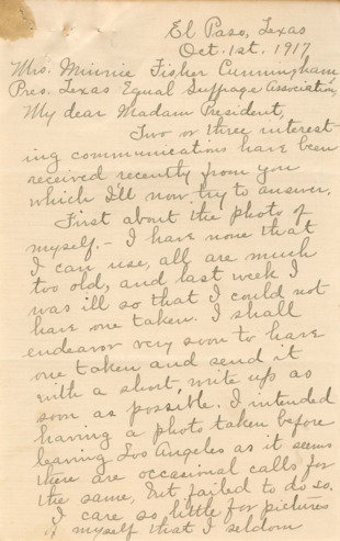Letter from Belle C. Critchett to Minnie Fisher Cunningham, 1917 October 1