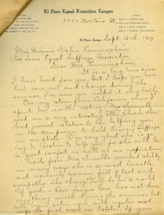 Letter from Belle C. Critchett to Minnie Fisher Cunningham