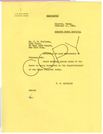 Memorandum from W. T. Sinclair to J. S. Cullinan, 1928 February 11