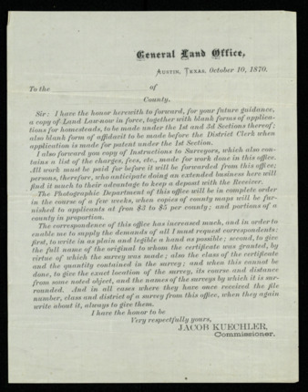 Letter from Commissioner Jacob Kuechler regarding land law and surveying