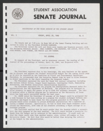 Senate Journal, Third Senate, University of Houston Student Government Association, Minutes, Vol. 3, No. 6, April 25, 1966