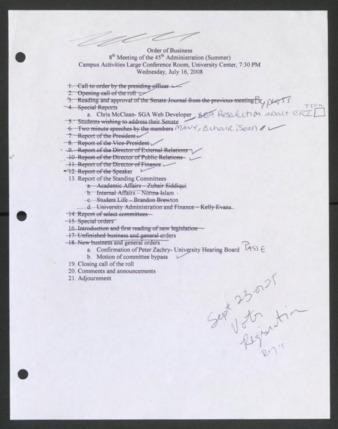 Order of Business [Agenda], 8th Meeting of the 45th Administration, July 16, 2008