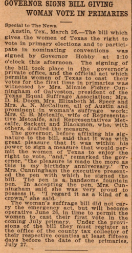 Governor Signs Bill Giving Woman Vote in Primaries