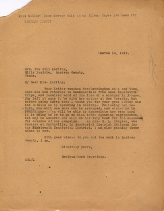 Letter from Edith League, Minnie Fisher Cunningham's secretary to Mrs. Eva Hill Karling