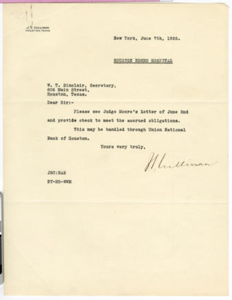Letter from J. S. Cullinan to W. T. Sinclair, 1926 June 7