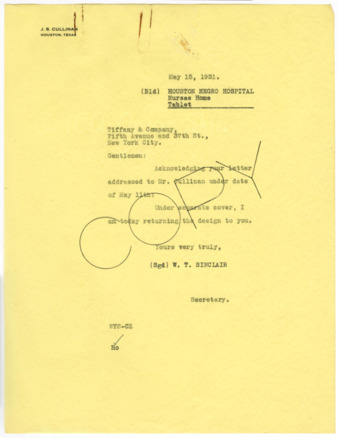 Letter from W. T. Sinclair to Tiffany & Company, 1931 May 15