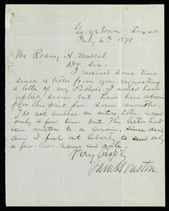 Letter from Sam Houston, Jr. to Rodney A Murcul regarding Sam Houston, Sr.