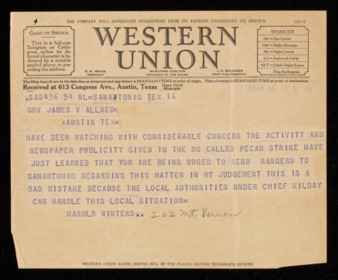 Telegram from Harold Winters to Governor James V. Allred, 1938 February 16