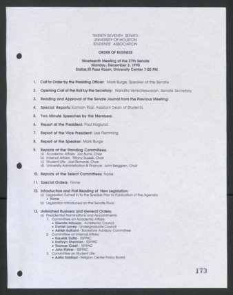 Twenty-seventh Senate, University of Houston, Students' Association, Order of Business, Nineteenth Meeting, December 3, 1990
