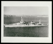 USS Houston (CA-30) with President Franklin D. Roosevelt and Admiral W. D. Leahy aboard, taken from the air