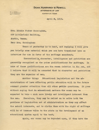 Letter from W. L. Dean to Mrs. Minnie Fisher Cunningham