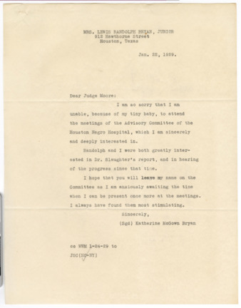 Letter from Katherine McGown Bryan to Judge Moore, 1929 January 22