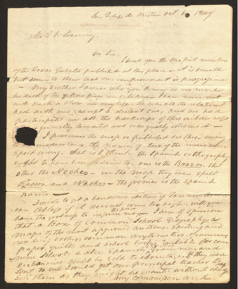 Letter from Stephen F. Austin to Thomas. F. Leaming regarding his map and impresario matters