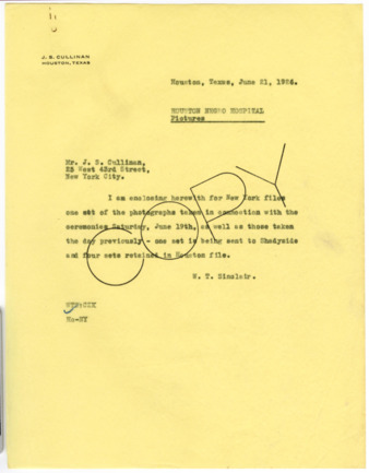 Letter from W. T. Sinclair to J. S. Cullinan, 1926 June 21