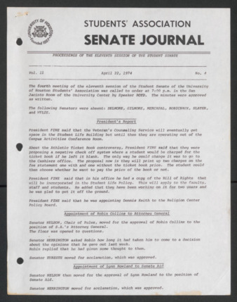 Senate Journal, Eleventh Senate, University of Houston Student Government Association, Minutes, Vol. 11, No. 4, April 22, 1974