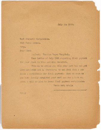 Letter from M. J. Sullivan to York Products Corporation, 1926 July 20