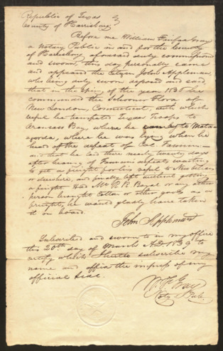 Sworn statement by John Appleman regarding service in Matagorda