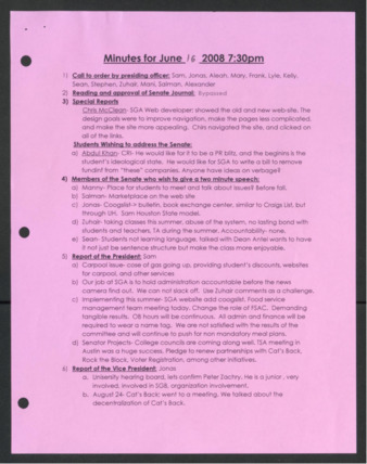 Order of Business Minutes, Senate Meeting of the 45th Administration, June 16, 2008