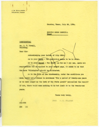 Letter from J. S. Cullinan to J. Y. Powell, 1934 July 26