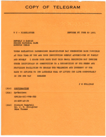 Telegram from J. S. Cullinan to Beverly D. Harris