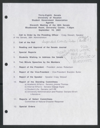 Thirty-eight Senate, University of Houston Student Government Association, Agenda, Eleventh Meeting, September 19, 2001