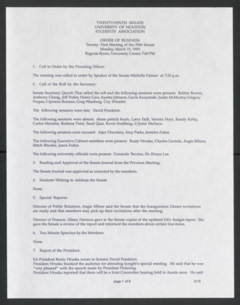 Twenty-ninth Senate, University of Houston, Students' Association, Order of Business [Minutes], Twenty-first Meeting, March 15, 1993