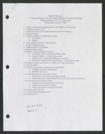 Order of Business [Agenda], 3rd Senate Meeting of the 39th Administration, May 29, 2002