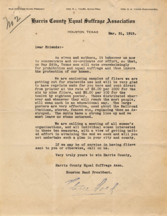 Letter from Hortense Ward, pointing out the importance of spreading the word on equal suffrage